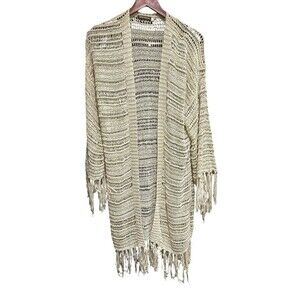 John Fashion Crochet Cardigan Womens XL Beige Long Fringe Details Boho WoolBlend
